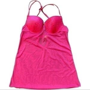Just Sexy size medium hot pink intimates top, rhinestone on bra, mesh